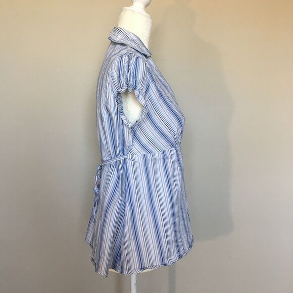 Oh! Mamma Size Medium Baby Doll Blue Top Blouse Tie Waist V Neck - Picture 2 of 12